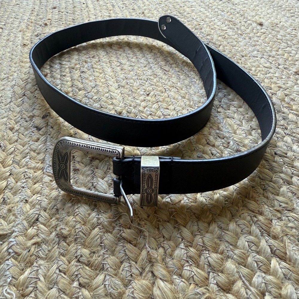 Western Black Faux Leather Belt Silver Etched Buckle Floral Tip 42 Inch Cowboy